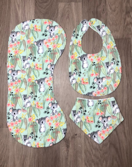 Koalas, bibs, burp cloths, green, gender neutral