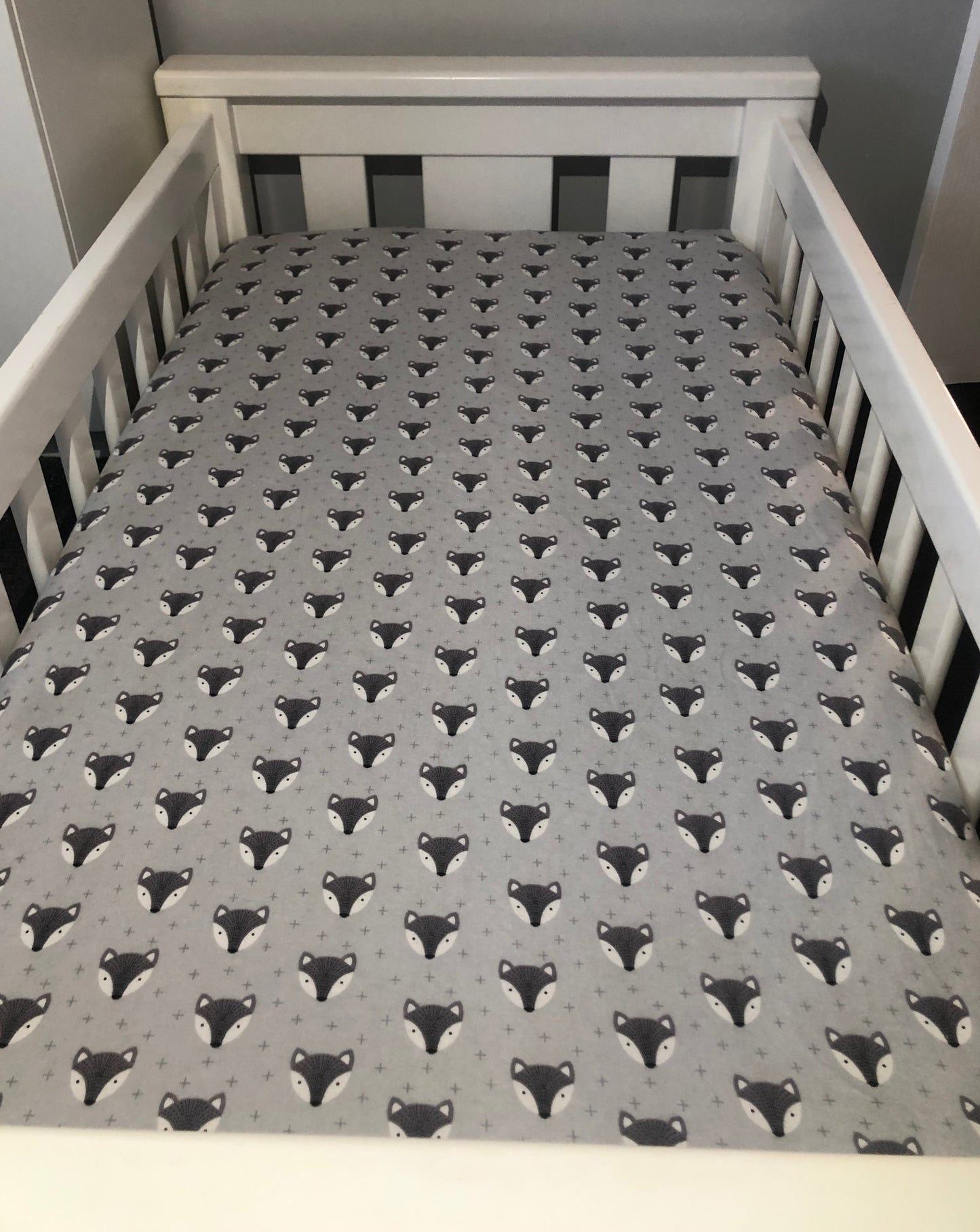 flannelette cot sheet, nursery , grey foxes, woodland