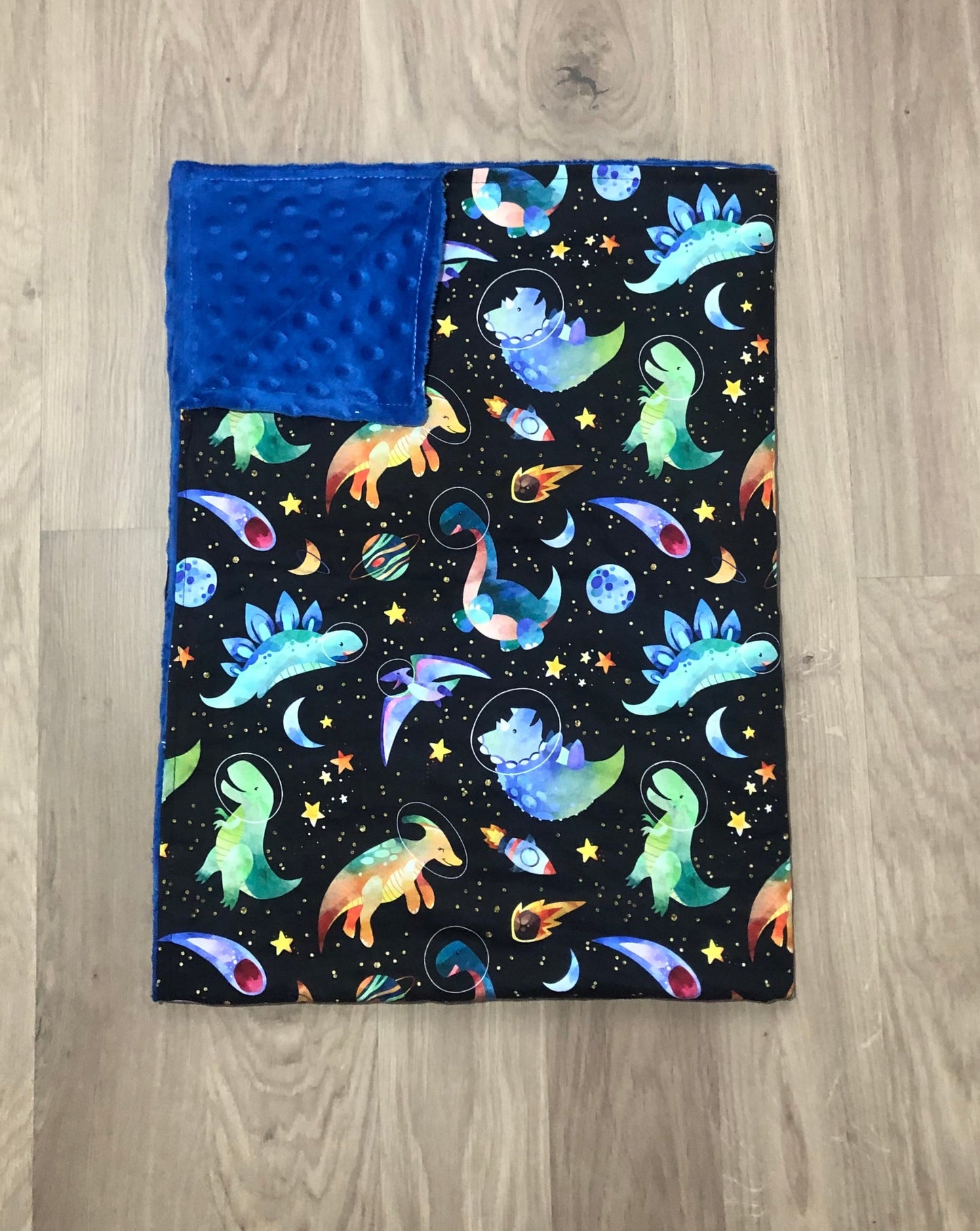 pram blanket, handmade blanket, space dinosaurs