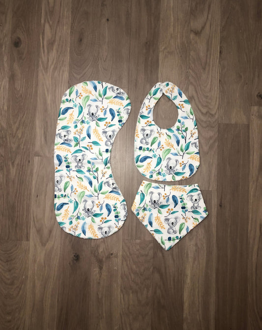 koalas bib & burp cloth set with white background