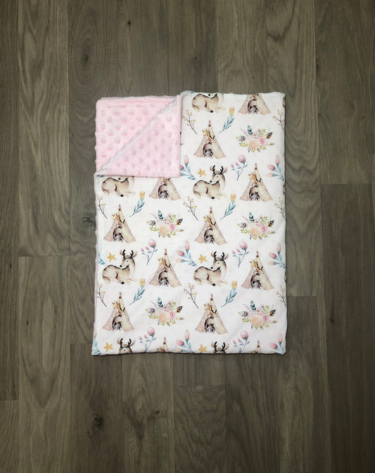 pram blanket, baby blanket, animals in teepees, floral