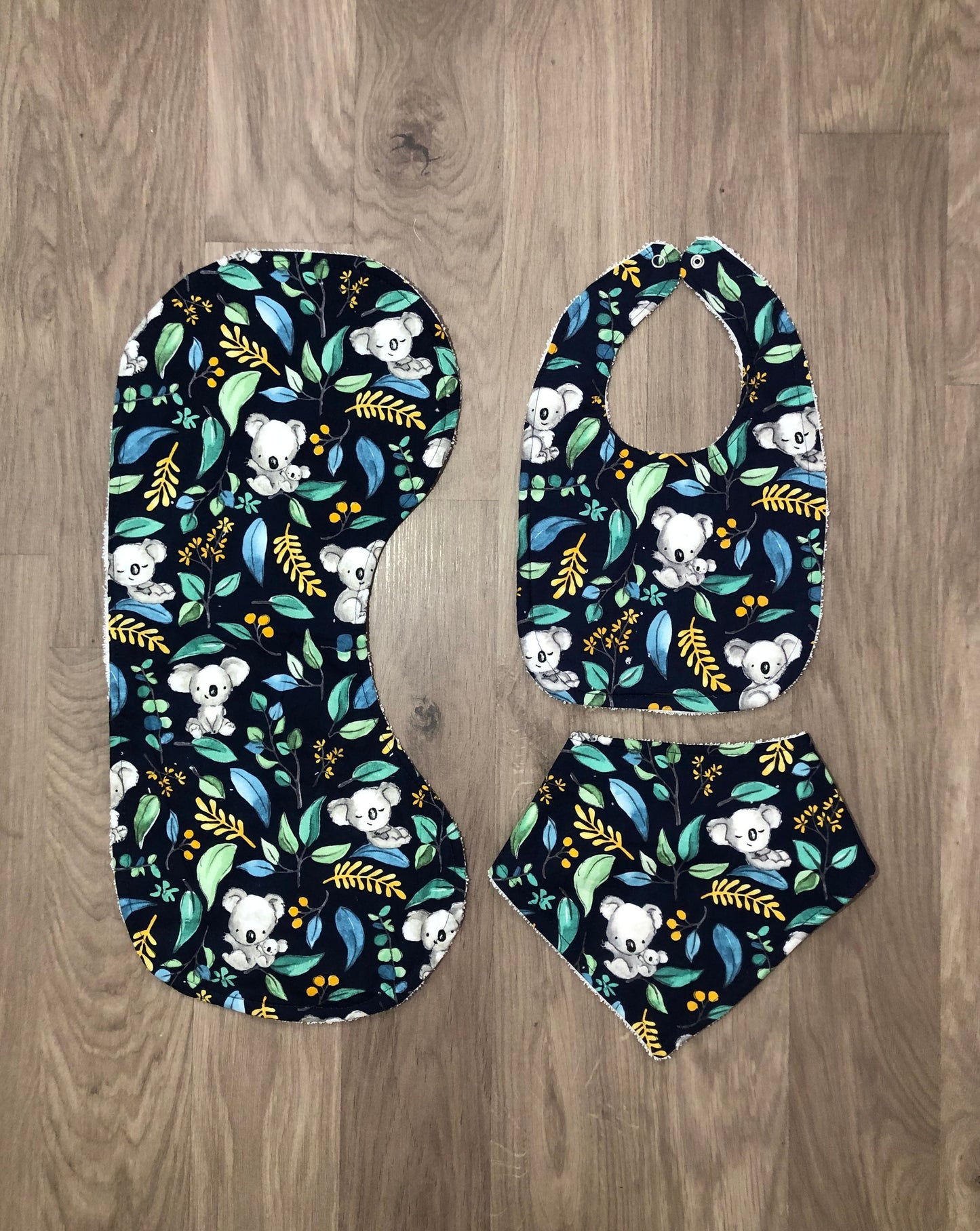 navy koala bib & burp cloth set