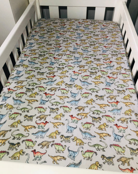 flannelette cot sheet, nursery, dinosaur, dinos, dinosaur nursery