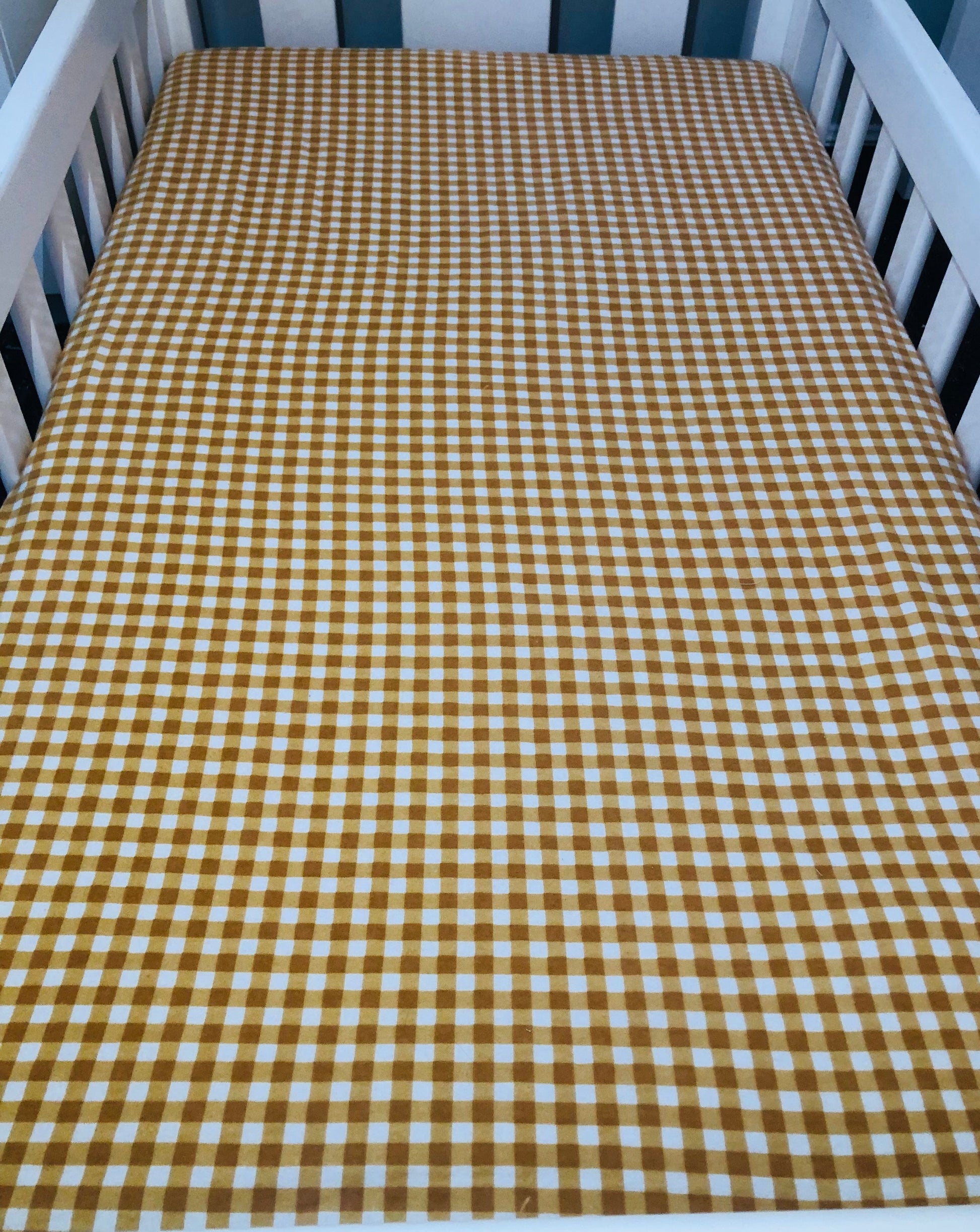 flannelette cot sheet, nursery, gingham, mustard gingham cot sheet