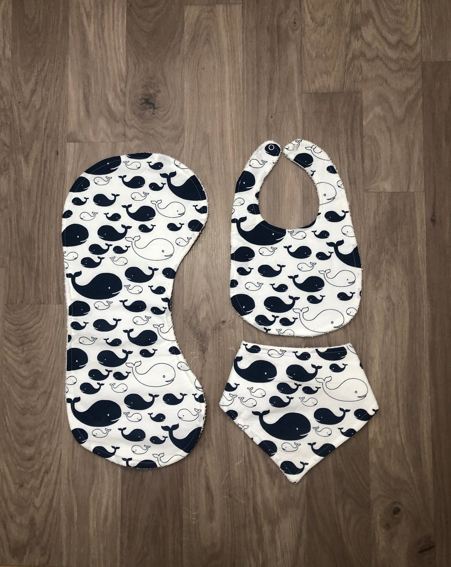 whales white &  navy bib & burp cloth set