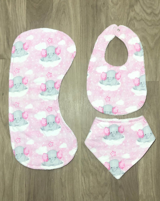 Handmade, pink elephants, bibs, burp cloths